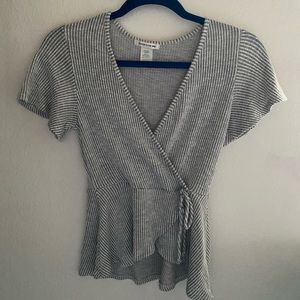 gray and white stripped blouse
